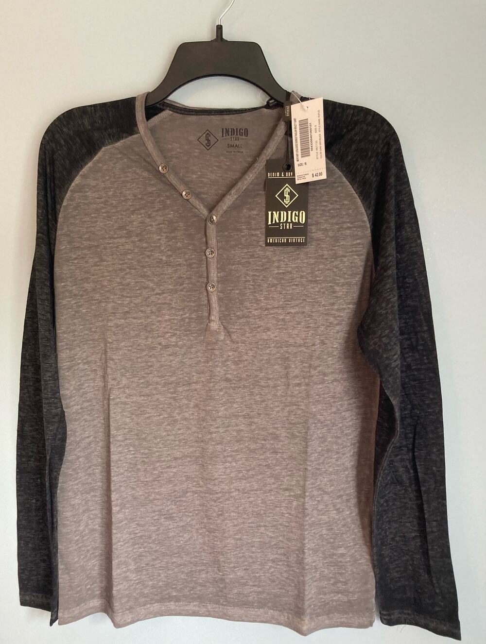 Indigo Star Mens Long Sleeve T-Shirt Small Gray Black Casual Comfort